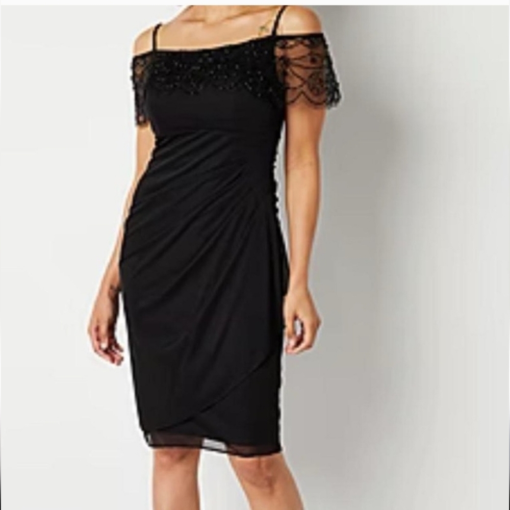 NWT DJ Jazz Black Beaded Ruched Sheath Cocktail Dress Size 10